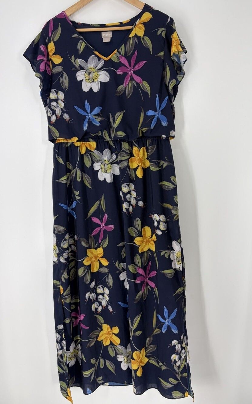 Chicos Floral Maxi Dress Size 2 Womens 12 Navy V Neck Flutter Sleeve Romantic